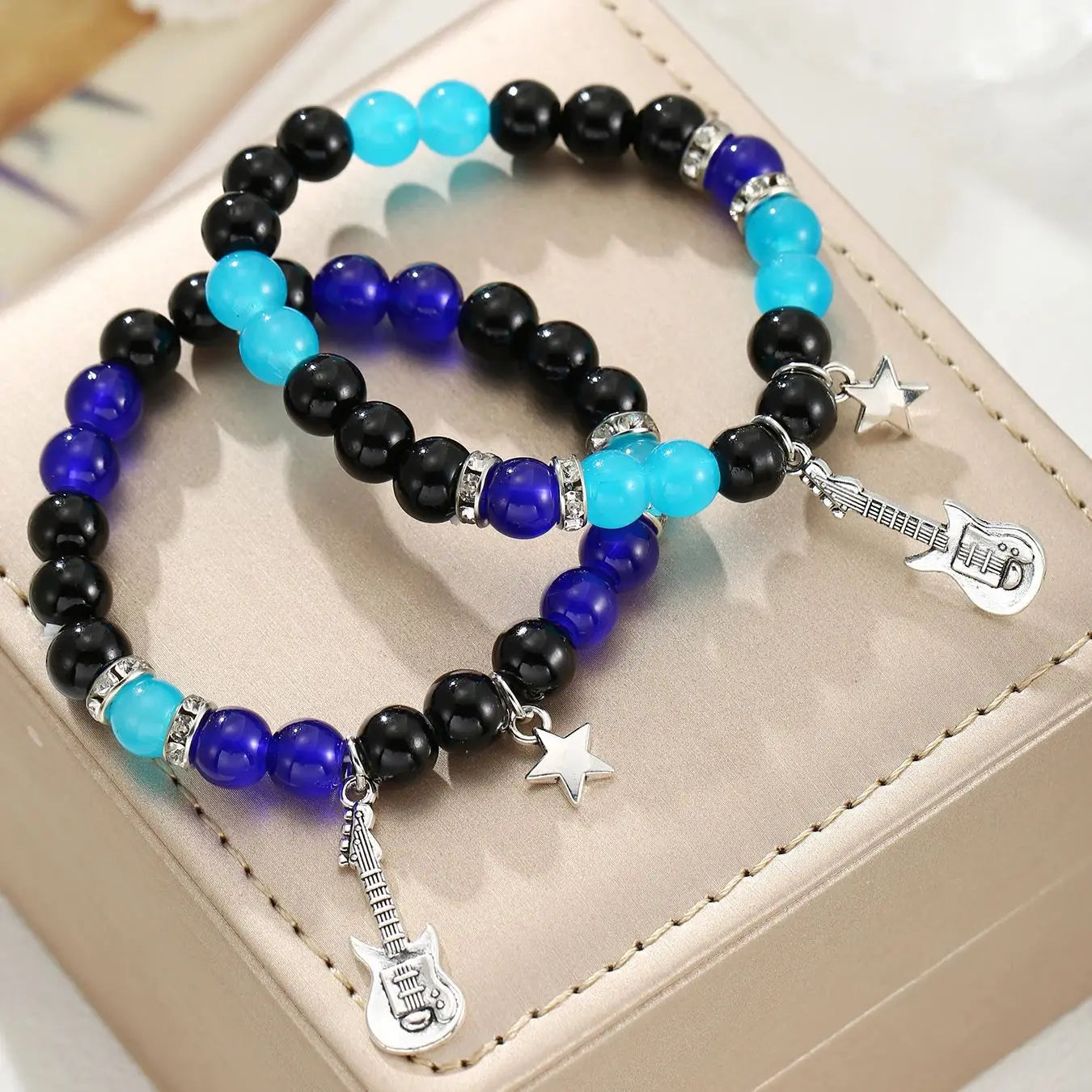 2 Pcs Blue and Black Beads Guitar Pendant Couple's Bracelets Bff Trendy Jewelry Gifts