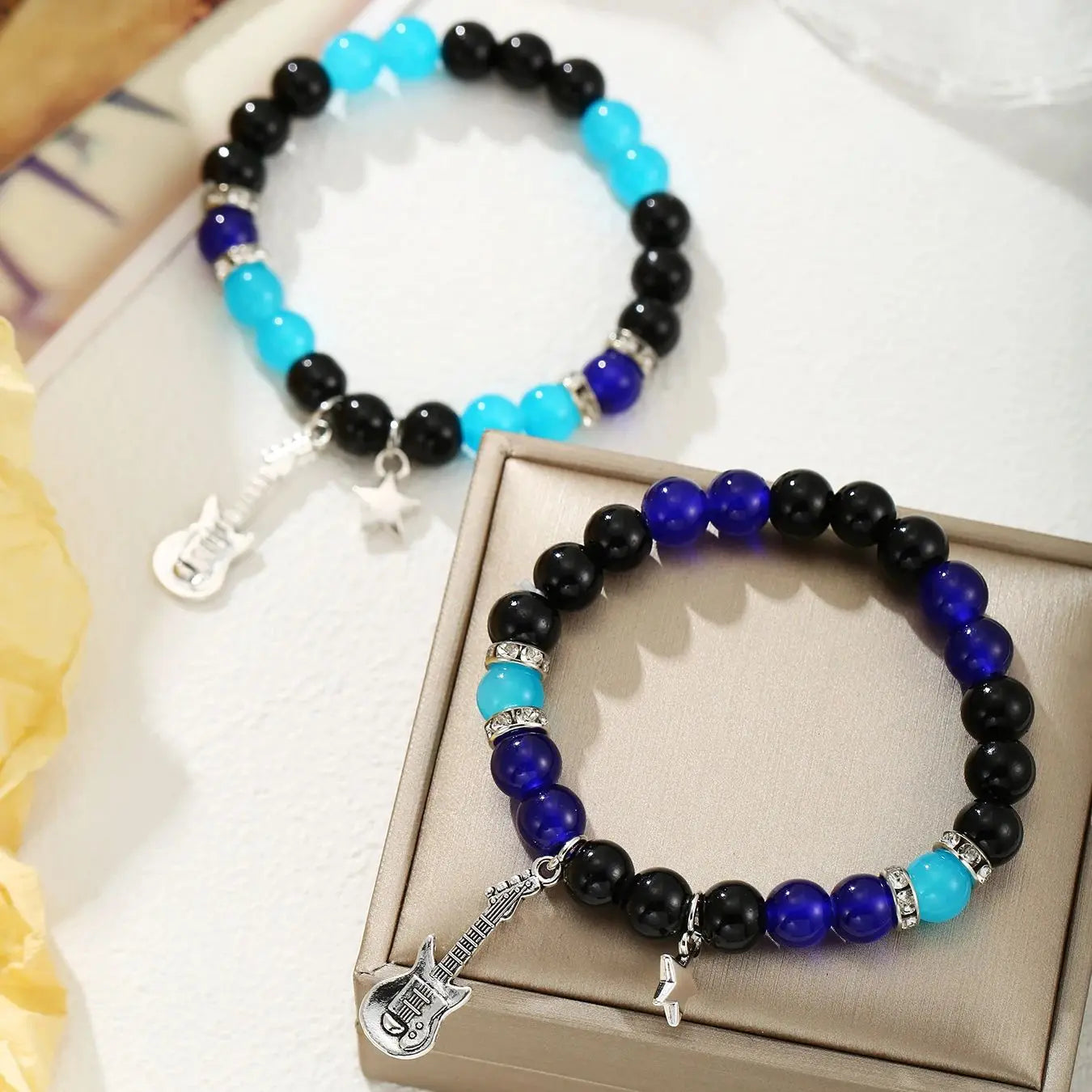 2 Pcs Blue and Black Beads Guitar Pendant Couple's Bracelets Bff Trendy Jewelry Gifts