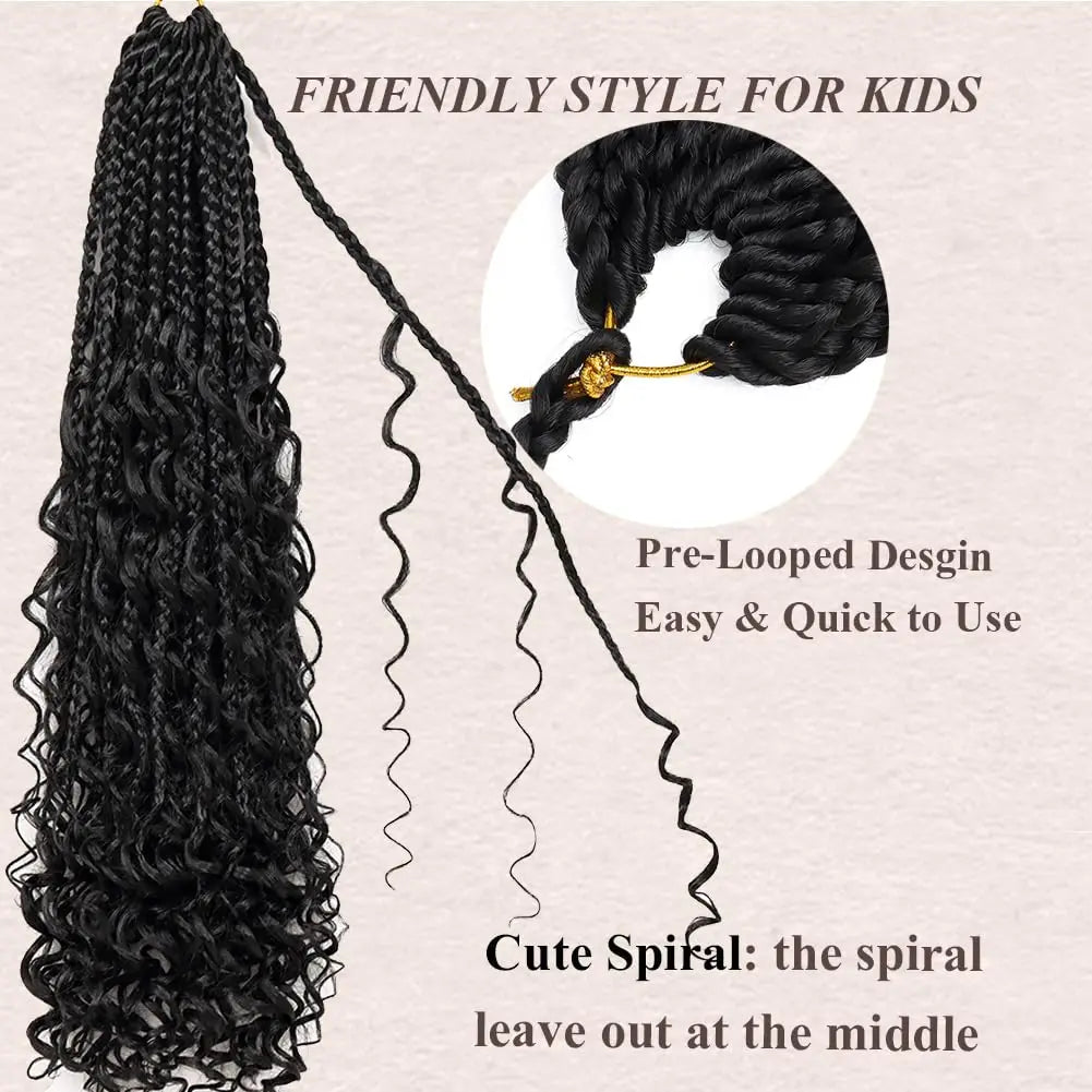 Synthetic Goddess Box Braids Crochet Hair With Curly Ends, Pre Looped Bohomian Crochet Box Braiding Hair Extensions for Women