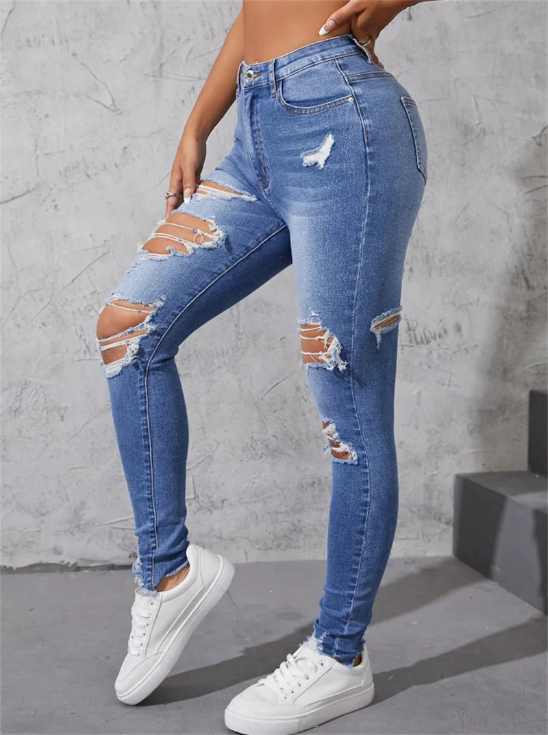 Hot Sale Women's Ripped Skinny Jeans Fashionable High Stretch Slim Fit Butt Lift Denim Pencil Pants Casual Ladies Trousers S-2XL