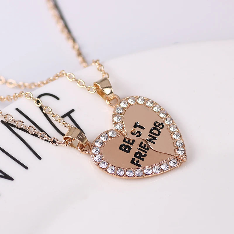 Unisex New 2 Pcs Heart Shape Best Friends Couple Necklaces Crystal Bff Friendship Forever Charm Jewelry For Girls Gifts