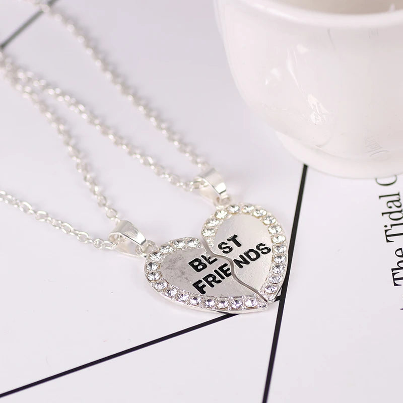 Unisex New 2 Pcs Heart Shape Best Friends Couple Necklaces Crystal Bff Friendship Forever Charm Jewelry For Girls Gifts