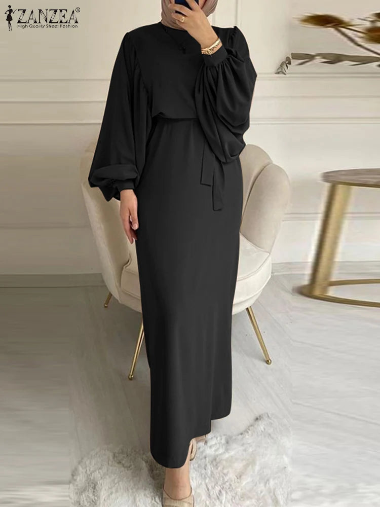 ZANZEA Spring Muslim Long Dress Abaya Fashion Lace-up Maxi Robe Women Long Sleeve O Neck Vestidos Elegant Ramadan Sundress 2024