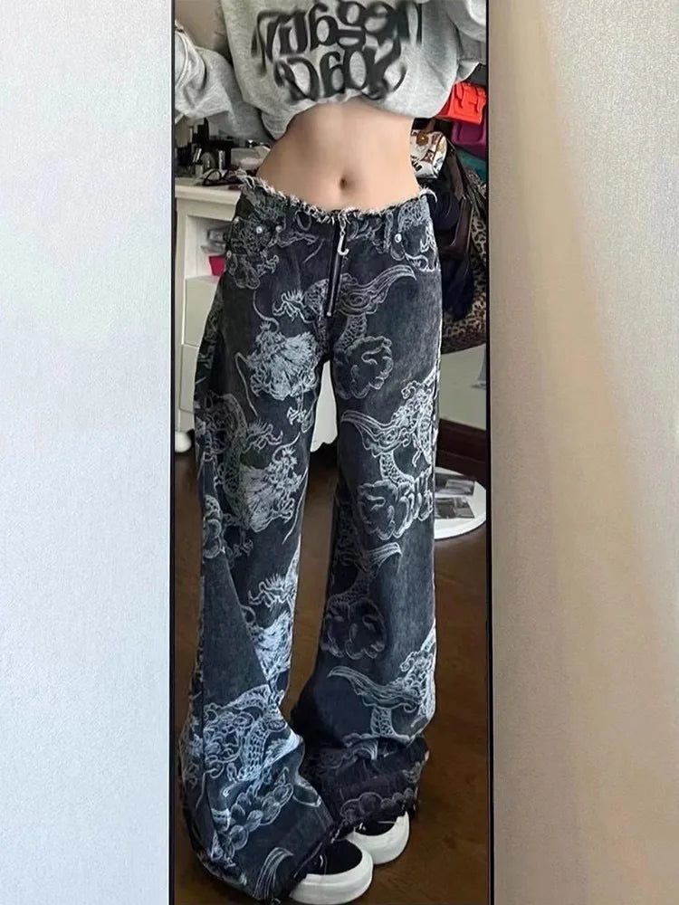 Women Black Gothic Dragon Print Jeans Baggy Vintage Aesthetic Cowboy Pants Harajuku Denim Trousers Y2k Trashy 2000s Clothes 2024