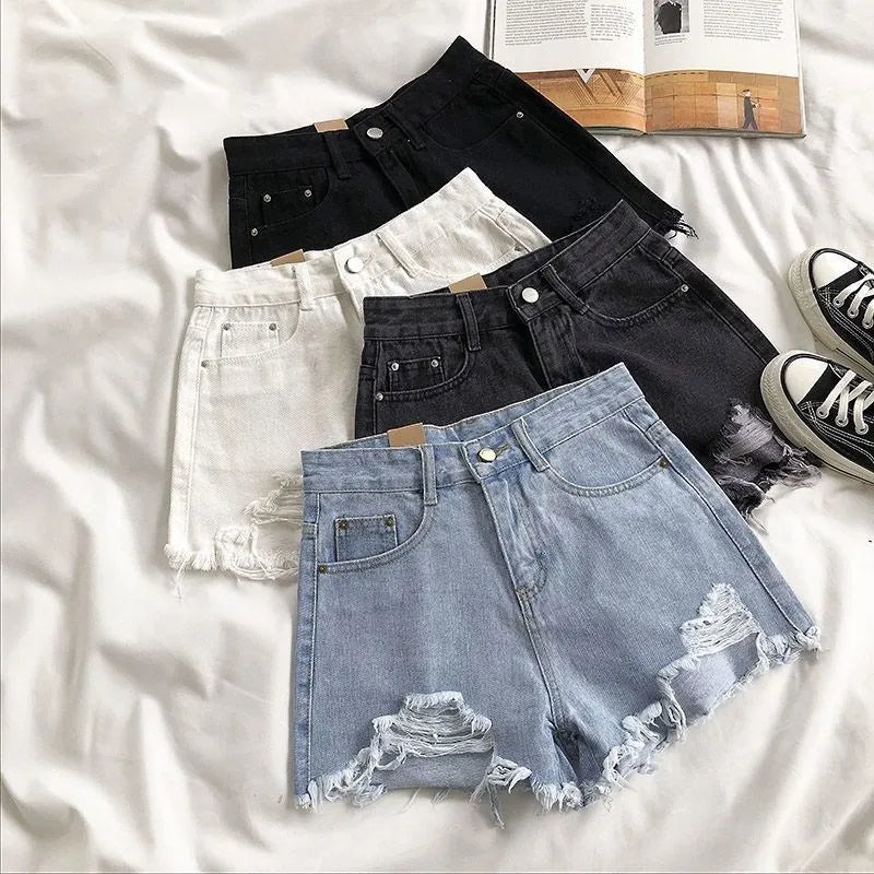 Cowboy Shorts Women's Summer Korean High Waist Casual Blue Denim Shorts Pocket Tassel Perforated Fashion Shorts Y2K Female Jeans
