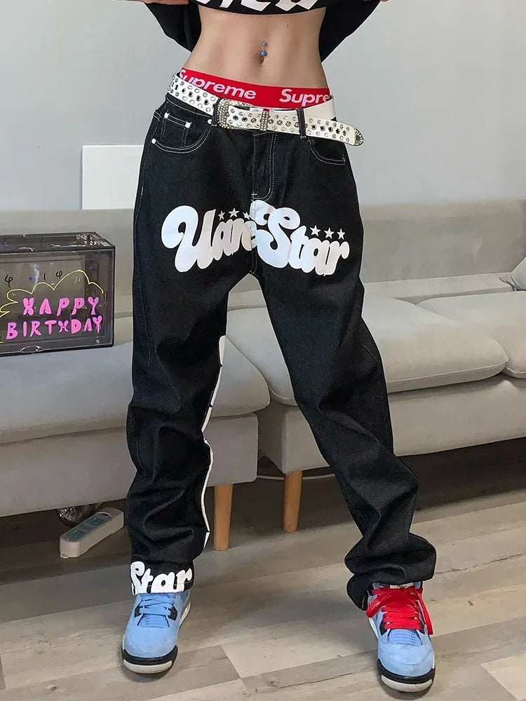 Letter Print Baggy Jeans Women High Street Vintage Hip Hop High Waisted Jeans Woman Casual Straight Wide Leg Women Jeans