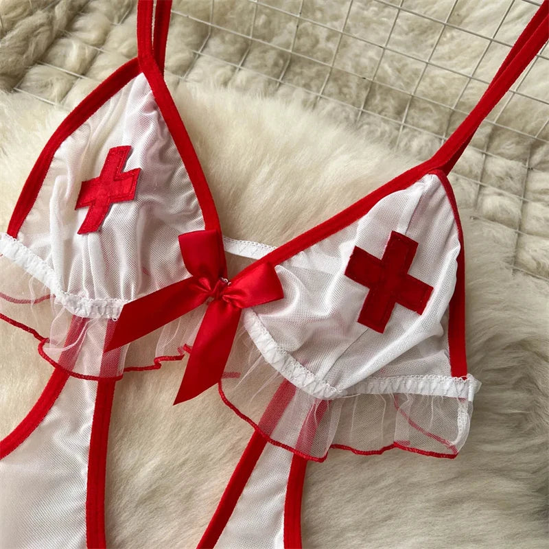 Sexy Cosplay Nurse Uniform Erotic Lingerie Babydoll Dress Flirting Underwear Women CostumeHollow Out 5 Piece Jumpsuit Dresses