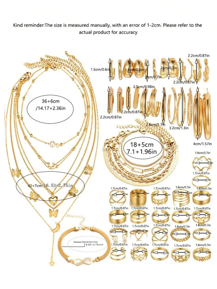 46 Pieces Gold Color Butterfly Star Chain Heart Pearl Ring Infinity Bracelets Hoop Earrings Silver Color Fashion Jewelry Set
