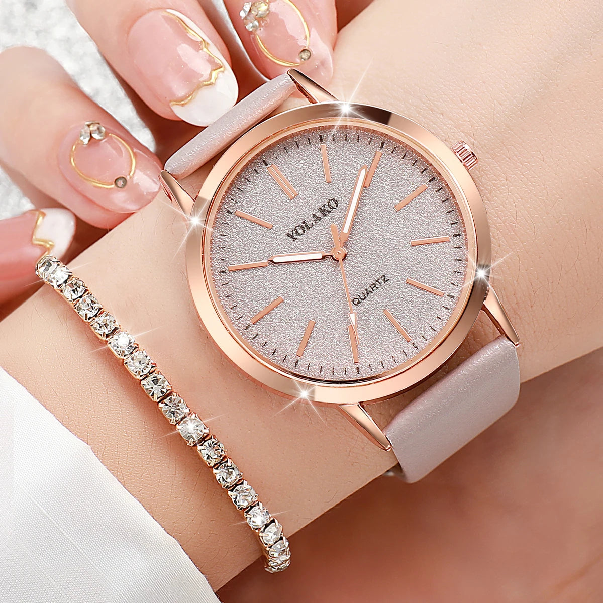 5PCS/Set Women Watches Diamond Jewelry Set Fashion Starry Sky Dial Ladies Leather Band Quartz Watch(Without Box)