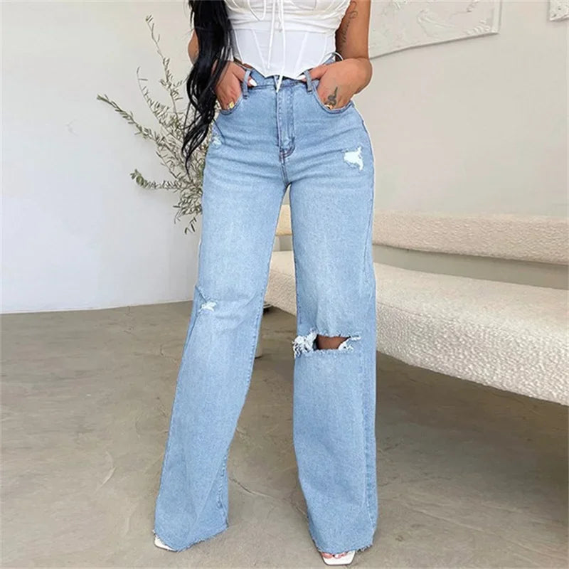 Women Knee Broken Holes Trend Straight Jeans Fashion Comfortable Casual High Waist Denim Pants Female Loose Wide Leg Trousers