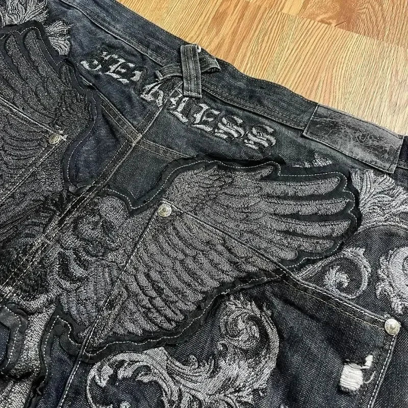 Black devil wings hip hop straight jeans y2k new high waist street skateboard Harajuku style sports fashion retro loose trousers