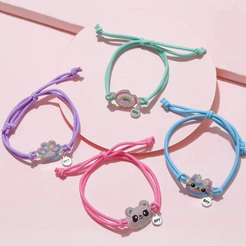 4pcs Cute Kitten Bear Donut Elastic Rope BFF Good Friends Kids Bracelet Hair Rope