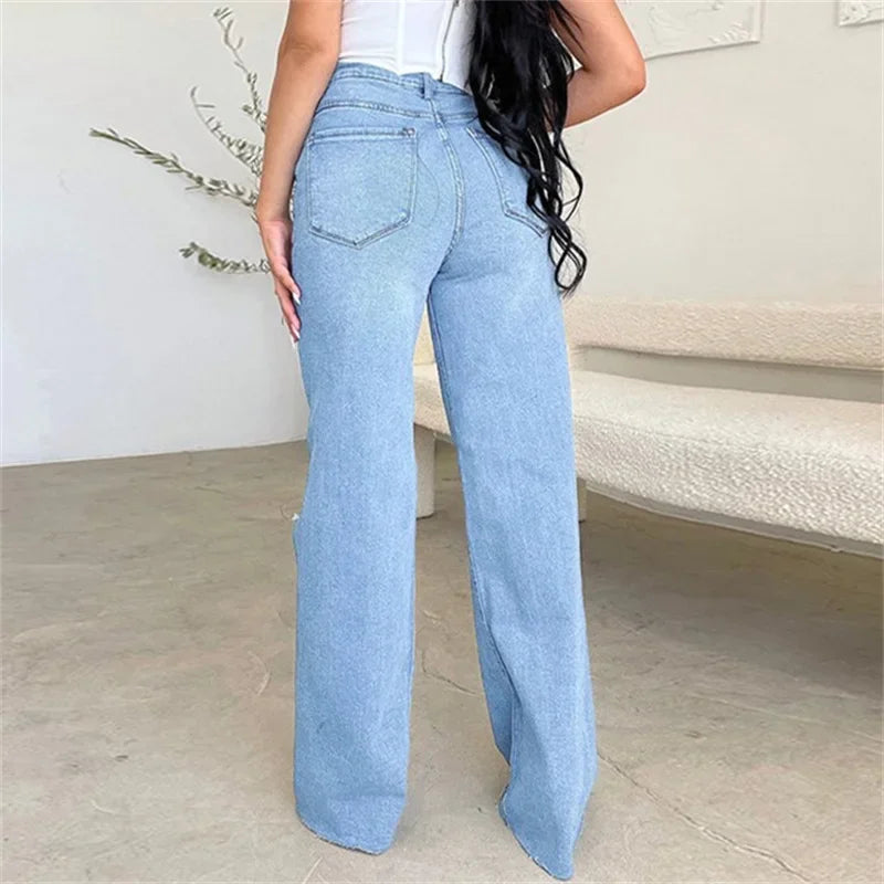 Women Knee Broken Holes Trend Straight Jeans Fashion Comfortable Casual High Waist Denim Pants Female Loose Wide Leg Trousers