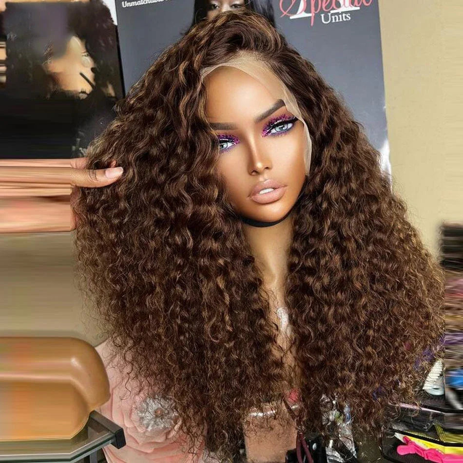 13x4 Chocolate Brown Deep Wave Lace Front Wig Bleached Knots HD Transparent 13x6 Lace Frontal Wig Brown Curly Human Hair Wigs