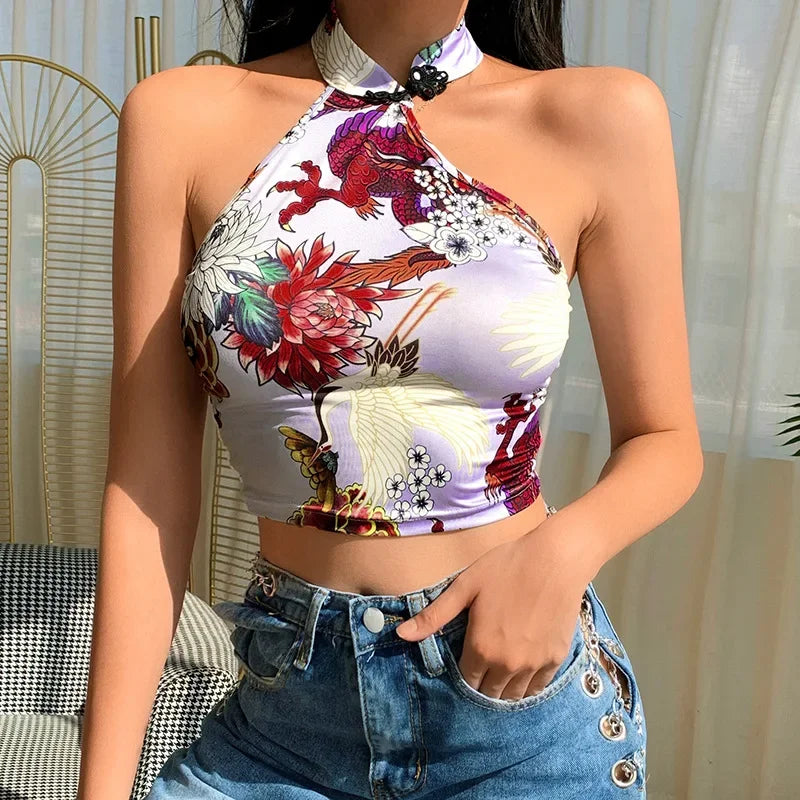 Combhasaki Women Y2K 2000s Halter Tank Backless Dragon Print Chinese Knot Irregular Cheongsam Style Sexy Summer Bustier Crop Top
