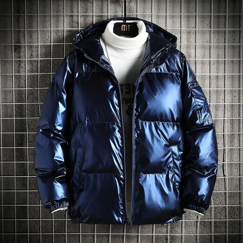 Men's Shiny Cotton-padded Short Hooded Coat Loose-fit Trendy Padded Jacket Stylish Cotton Coat