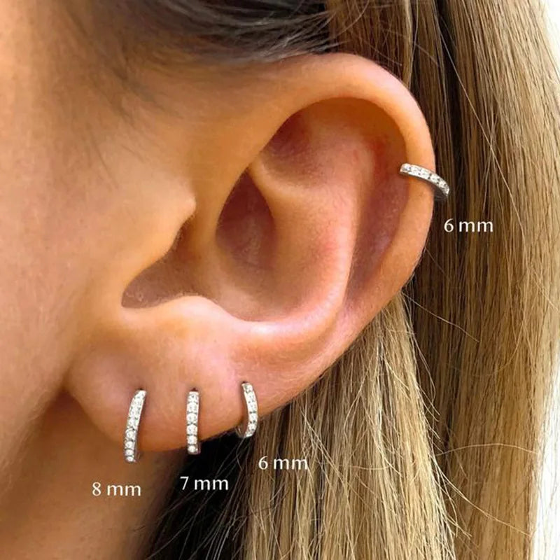 Silver Color Simple Fashion Hoop Crystal Zirconia Small Huggie Thin Cartilage Earring for Women Ear Piercing Jewelry Gift