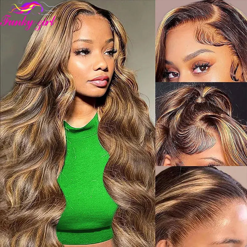Highlight Ombre 13x4 Lace Front Body Wave Wigs Human Hair 4/27 Transparent Full Frontal Wig Pre Plucked Brazilian Highlight Wigs