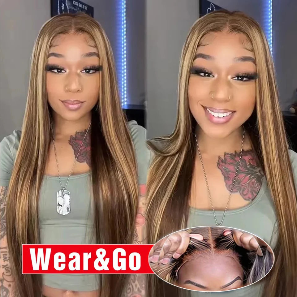Highlight Glueless Wig Human Hair Ready To Wear And Go Preplucked Straight Ombre Colored HD Lace Wigs For Women 100% Human Hair