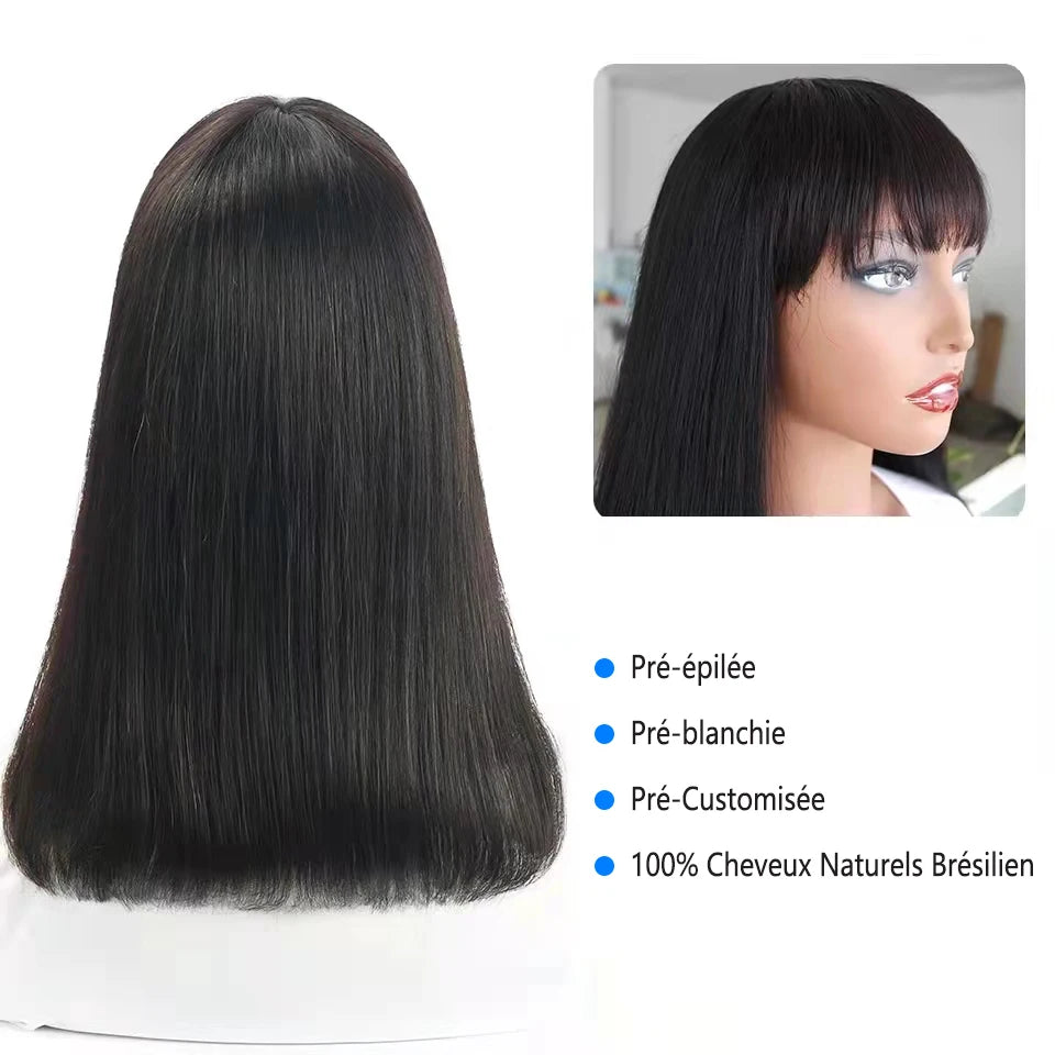 Cheap Short Straight Bob Brazilian Human Hair Wigs With Bangs Full Machine Made Wigs For Black Women Glueless Fringe Wig