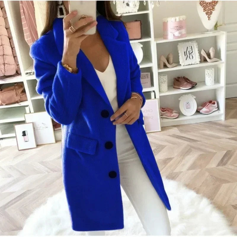 Women's Autumn Commuter Coat Suit Collar Medium Length Fashion Double Breasted Solid Color Woolen Coat Elegant Women's Coat