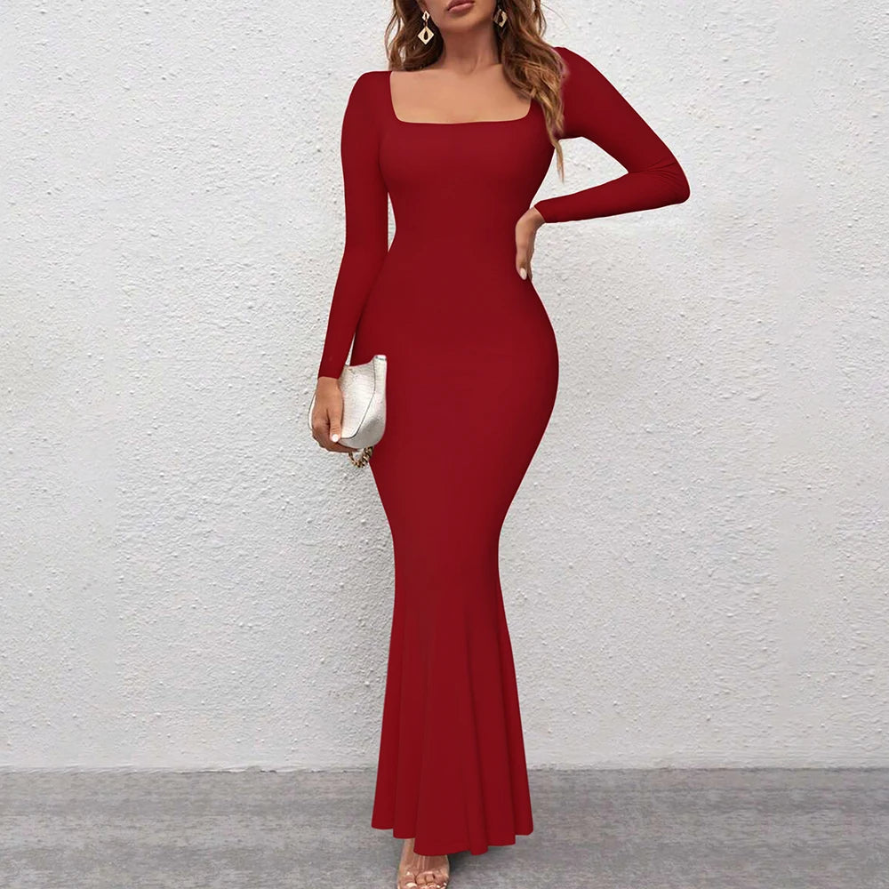 Long Sleeve Slim Bodycon Dress Women Party Ruched Evening Club Outfit Soild Color Autumn Winter Elegant Outfits Dress Ladies