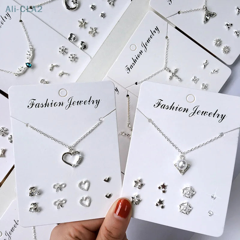 Korean Trendy Zircon Pendant Necklace with 4 Pairs Stud Earrings Fashion Jewelry Set Simple Silver Color Clavicle Chain Ear Stud