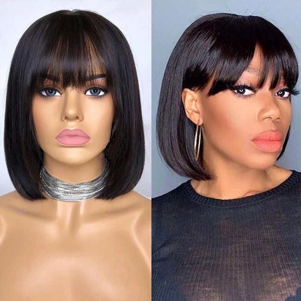 Cheap Short Straight Bob Brazilian Human Hair Wigs With Bangs Full Machine Made Wigs For Black Women Glueless Fringe Wig