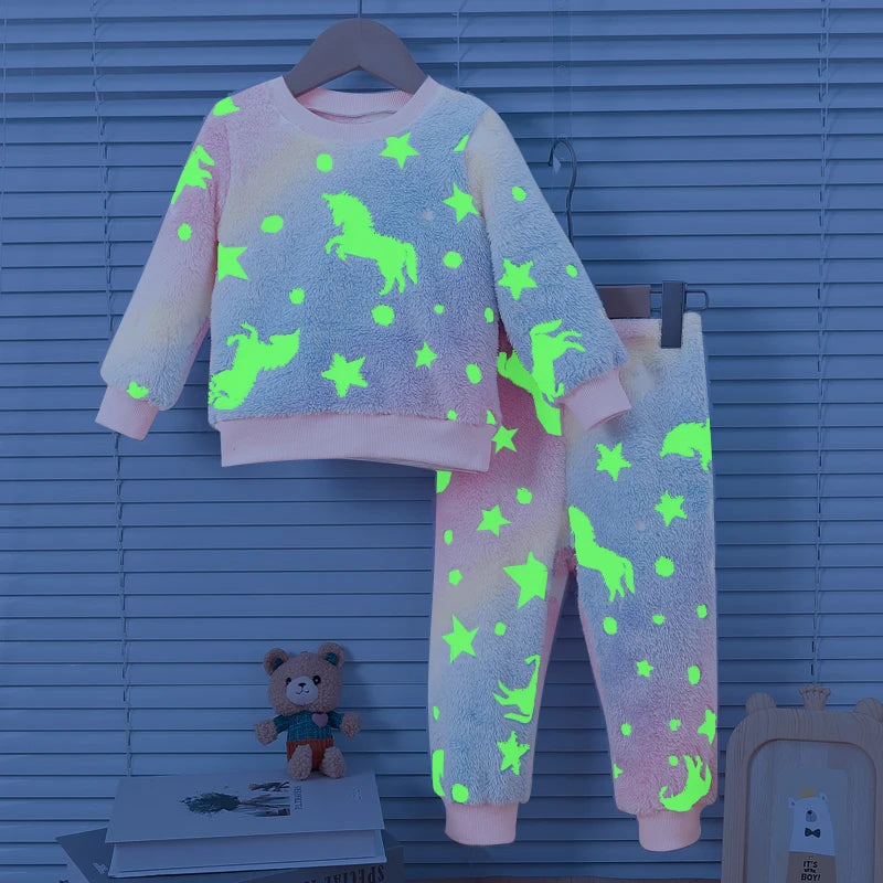 Female baby colored autumn and winter plush night fluorescent home clothing baby warm pajama set fashionable Chid Accessories