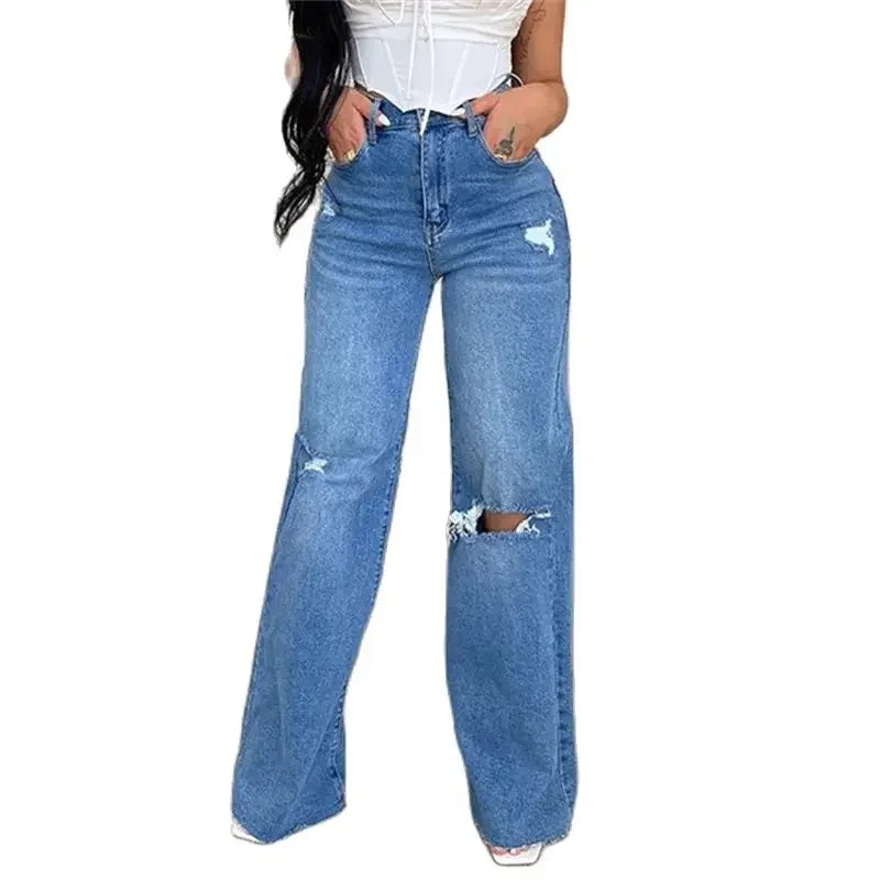 Women Knee Broken Holes Trend Straight Jeans Fashion Comfortable Casual High Waist Denim Pants Female Loose Wide Leg Trousers