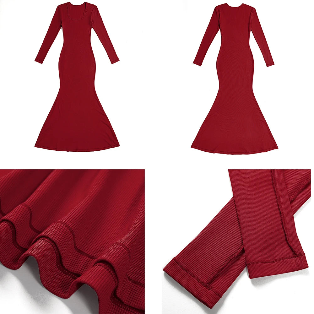 Long Sleeve Slim Bodycon Dress Women Party Ruched Evening Club Outfit Soild Color Autumn Winter Elegant Outfits Dress Ladies