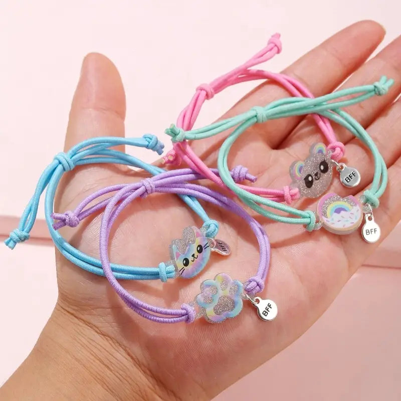 4pcs Cute Kitten Bear Donut Elastic Rope BFF Good Friends Kids Bracelet Hair Rope