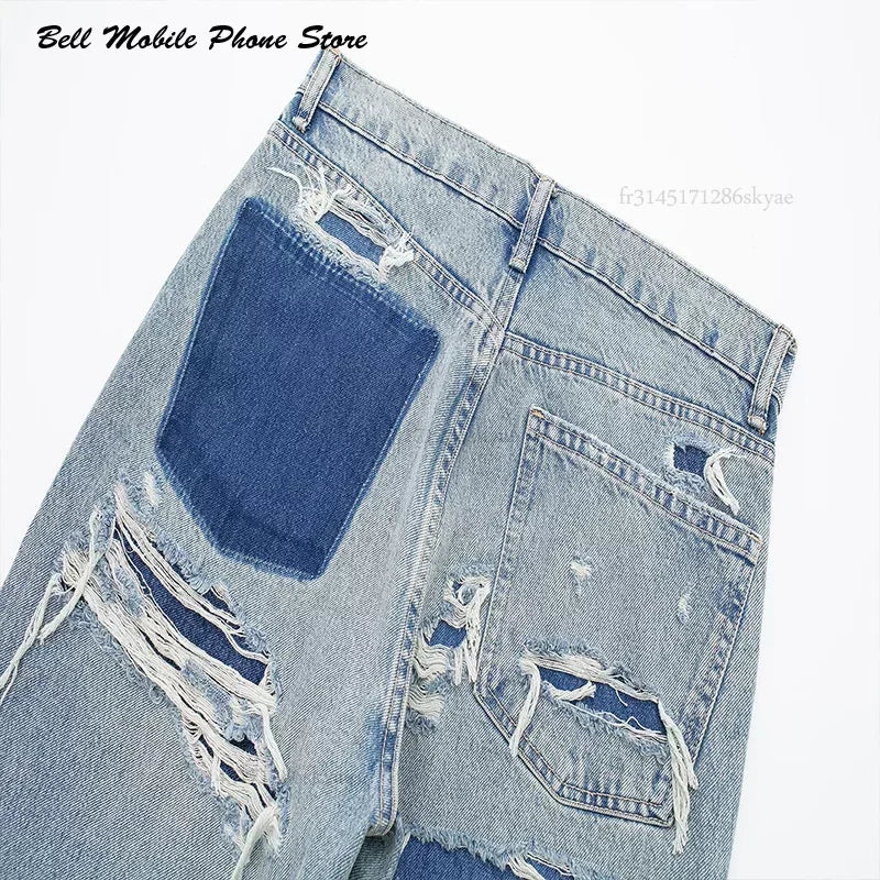 Women's Fashion Jeans Solid Colour Loose Trousers Gradient Colour Casual Streetwear Pant Broken Holes Decorated Jeans