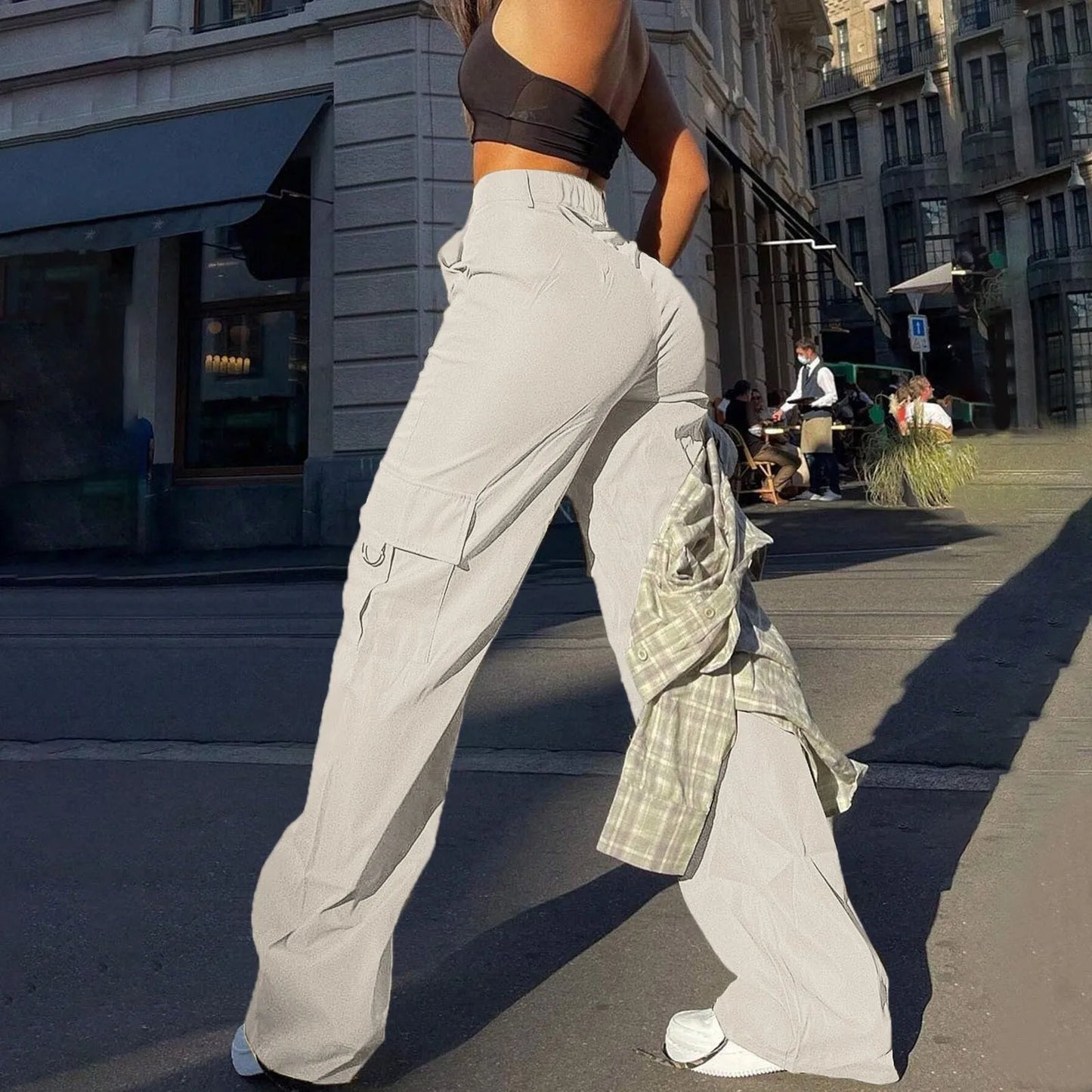 Streetwear Basic Buckle Cargo Pants Women Parachute Trousers Solid Straight Leg Big Pockets Baggy All-Match Y2K Sweatpants Chic