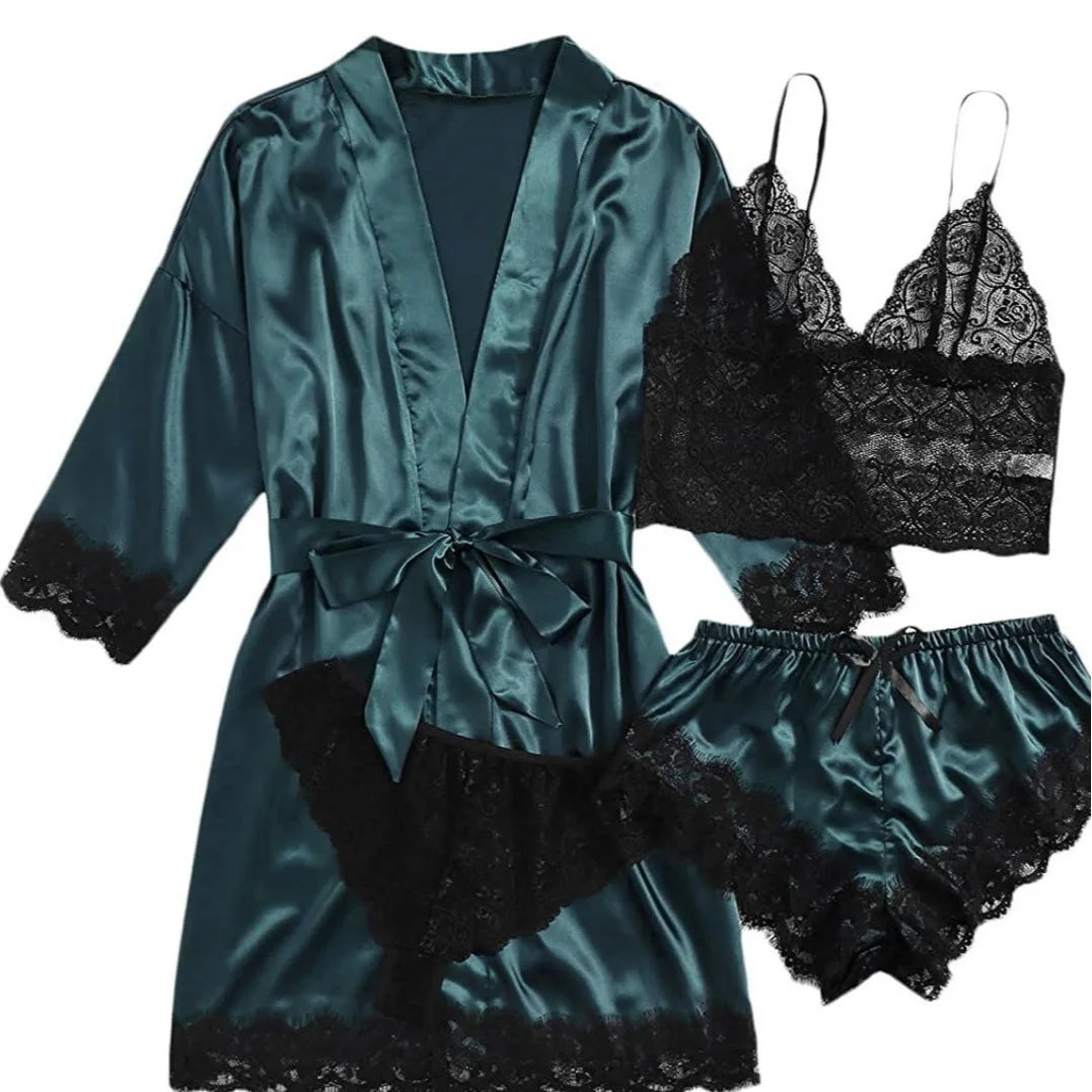 European and American women's pajamas underwear 4-piece set Lei suspender pajamas women's summer set nightgown nightgown