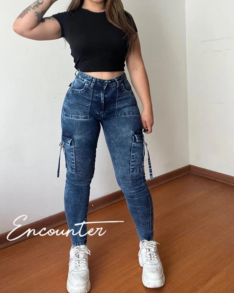 Straight Cargo Jeans Women's Streetwear Stretchy High Waisted New Fashion Jeans Unique Multi-Pocket Female Style Fall Pantalones