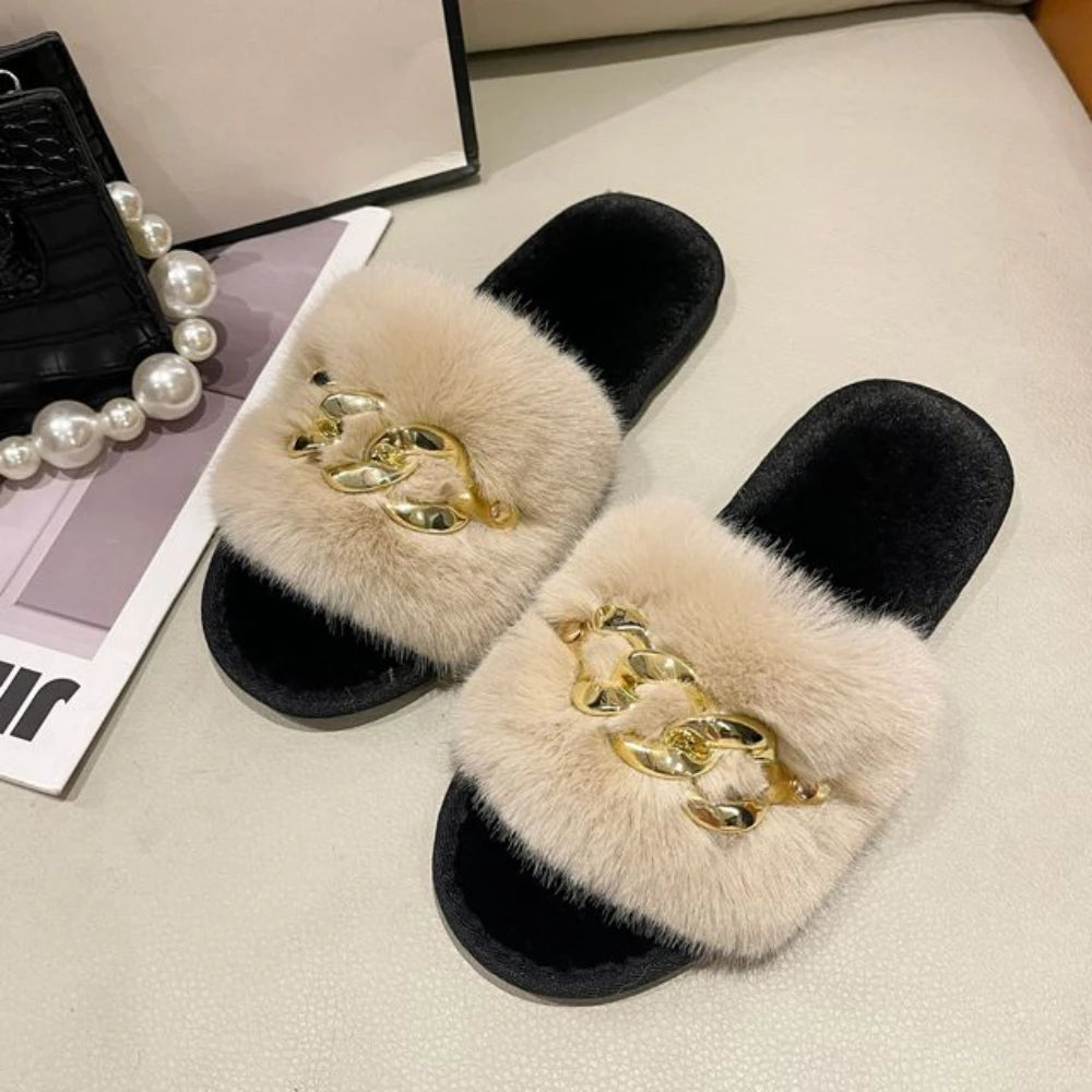 Fashion Chain Design Women Home Slippers Solid Color Open Toe Indoor 2022 Winter Flat Non-slip Leisure Interior Female Shoes