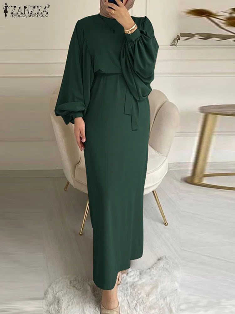 ZANZEA Spring Muslim Long Dress Abaya Fashion Lace-up Maxi Robe Women Long Sleeve O Neck Vestidos Elegant Ramadan Sundress 2024