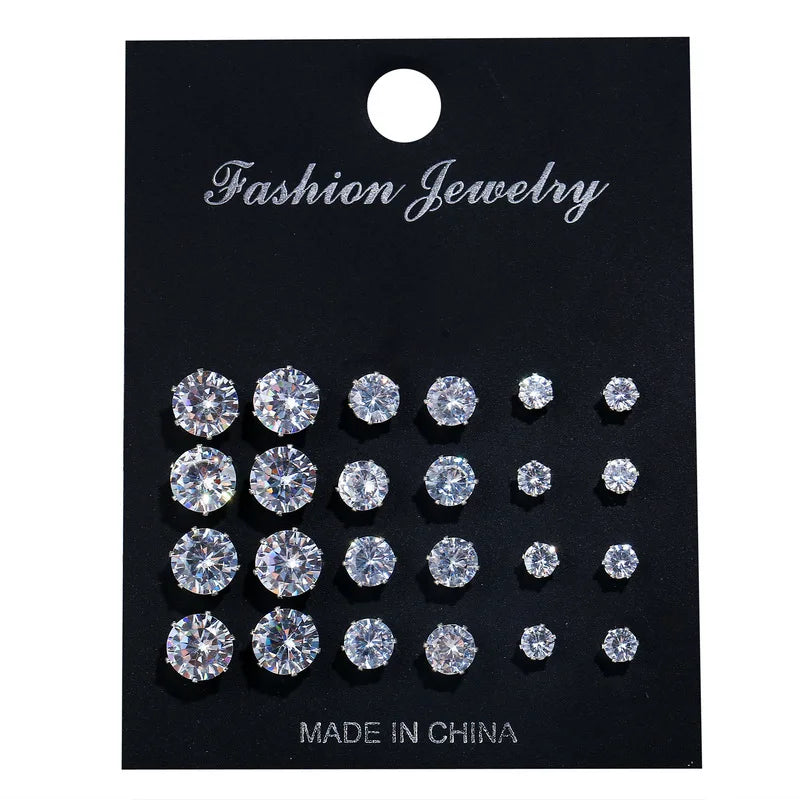 12 Pairs/Pack White Shiny Wedding Stud Earrings Set for Women Men Crystal Jewelry Accessories Minimalist Earrings Jewelry Gifts
