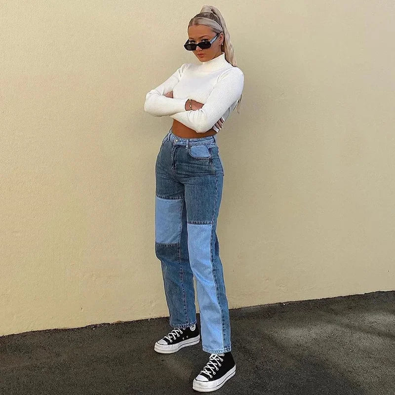 Women Jeans Straight Pants Ankle Length Mid Waist Patchwork Zipper Pockets Spliced Loose Slight Strech High Street 2024