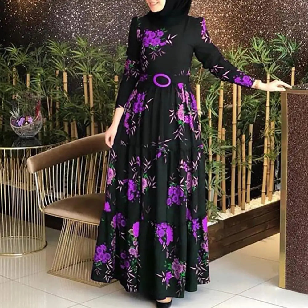 Dress Women Long Sleeve Muslim Abaya Ethnic Floral Print Belt Maxi Kaftan Robe