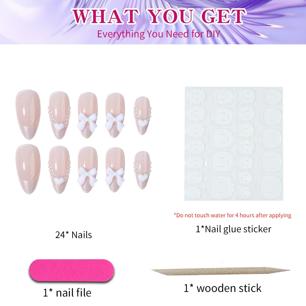 24pcs short and medium-sized fake nails pink almond nail, 3d White Bow, pearl love design,Y2K press on nails, suitable for women