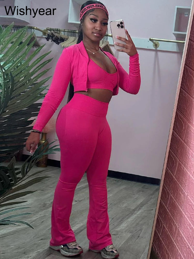 Fashion Solid 3 Pieces Sets Women Long Sleeve Crop Tops+Tanks+Flare Pants Active Fitness Jogging Tracksuits Streetwear Outfits