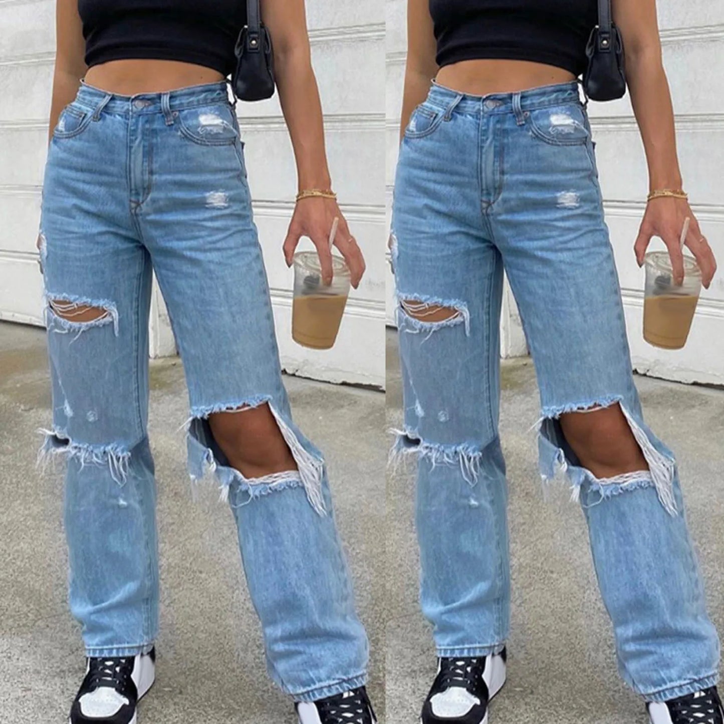 2023 New Baggy Jeans Women Ripped Hole Denim Pants Streetwear High Waist Pocket Straight Trousers Loose Jeans джинсы женский