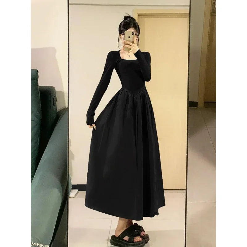 Hebon Black Long Sleeve Fitted Dress Elegant Women's Medium-length Skirt Slimming Style For Autumn/winter New Arrival