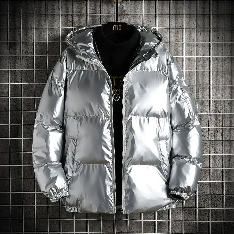 Men's Shiny Cotton-padded Short Hooded Coat Loose-fit Trendy Padded Jacket Stylish Cotton Coat