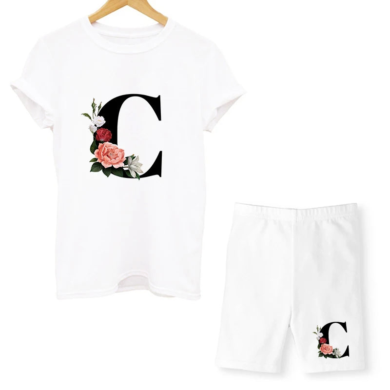 Summer Two Piece Sets Women Letter Printed T Shirts+Shorts Ensemble Femme Short Sleeve O-Neck Casual Biker Joggers Sexy Outfit