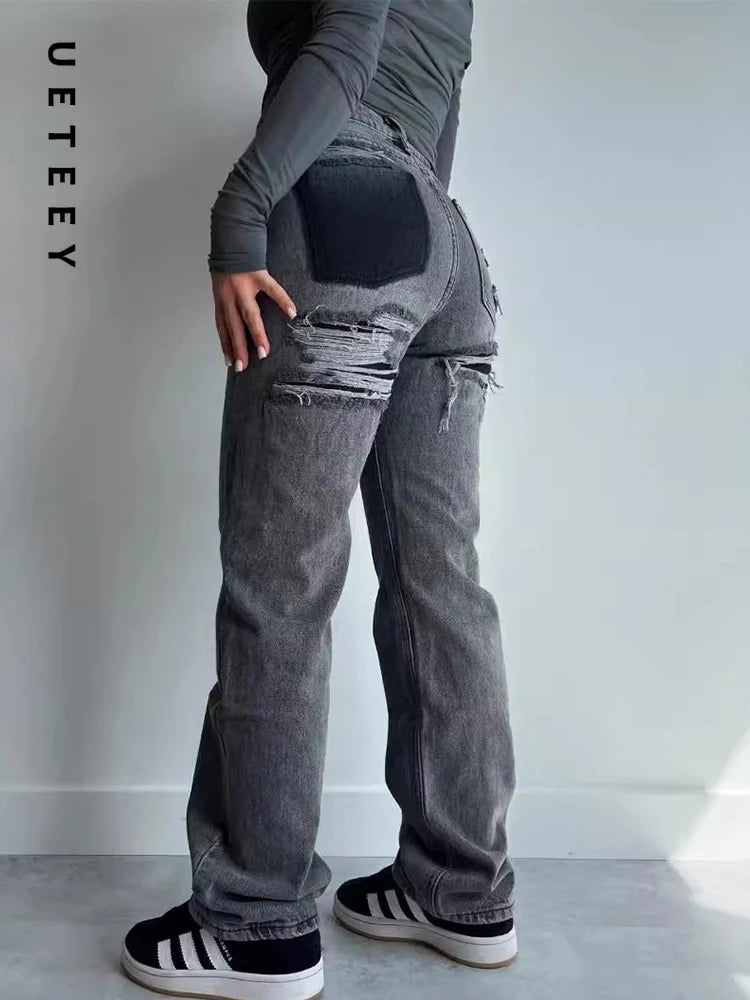 UETEEY Streetwear Fashion Jeans for Women Low Waisted Vintage Blue Straight Pants Hole Loose 2024 New Spring Summer Jeans