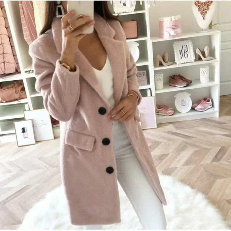 Women's Autumn Commuter Coat Suit Collar Medium Length Fashion Double Breasted Solid Color Woolen Coat Elegant Women's Coat