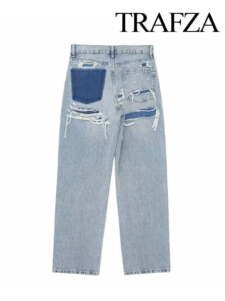 TRAFZA 2024 Women's Summer Casual Denim Blue Street Trousers Chic High Waisted Hole Decoration Women's Loose Pocket Jeans Y2K